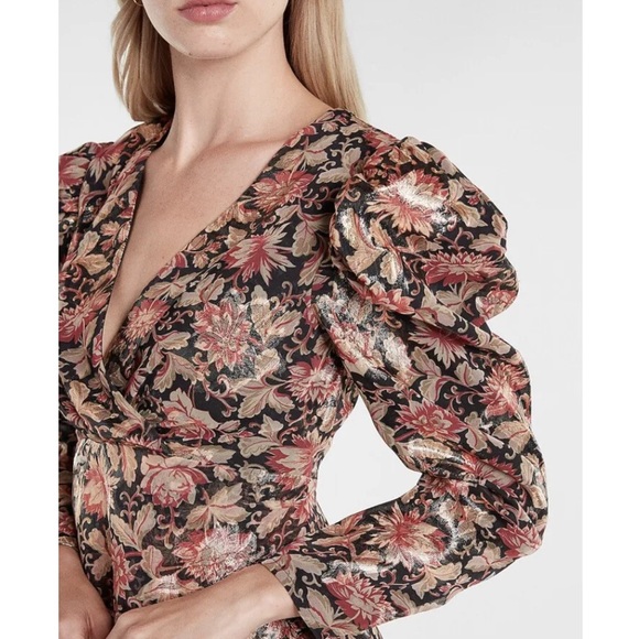 NWT Express Metallic Puff Sleeve Floral Deep V Dress Size Small - Picture 5 of 10